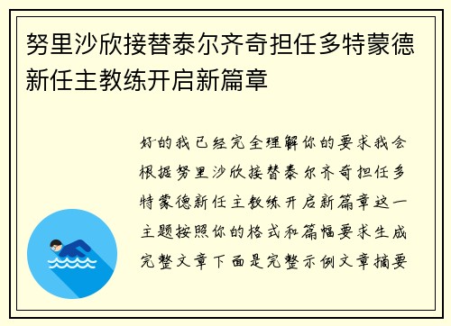 努里沙欣接替泰尔齐奇担任多特蒙德新任主教练开启新篇章