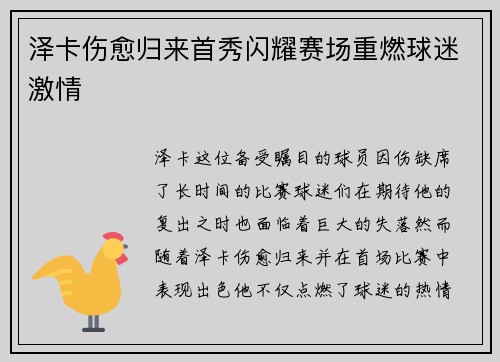 泽卡伤愈归来首秀闪耀赛场重燃球迷激情 泽卡伤愈归来首秀闪耀赛场重燃球迷激情